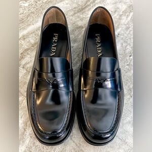 Prada Brushed Leather Loafers Black 8 US/ Prada Sz 7 Penny Shiny Triangle Logo